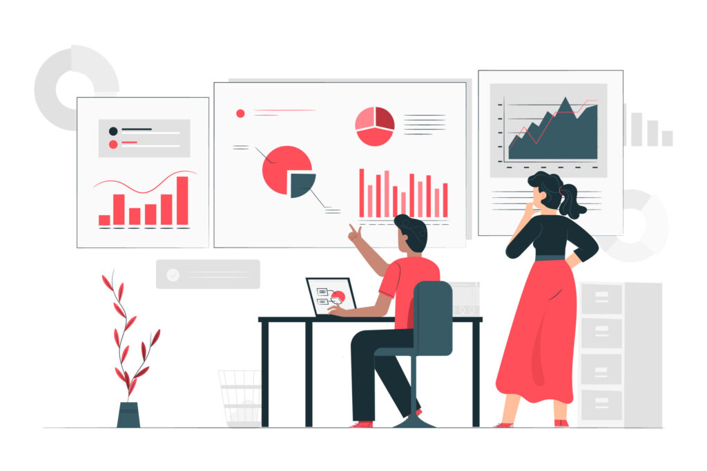 Marketer reviewing analytics dashboard with multiple social media icons