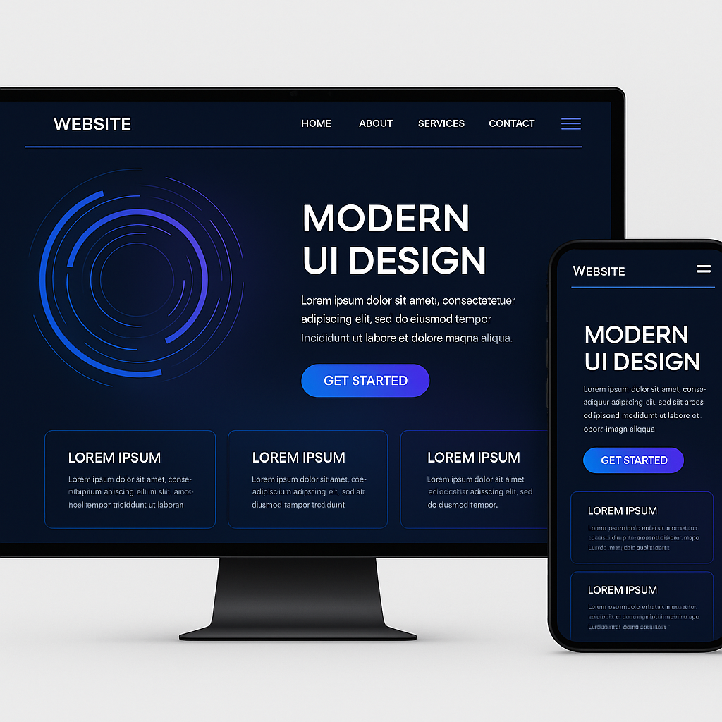 Website Design Ideas for 2025,Modern website design layout on desktop and mobile screens with futuristic UI.
