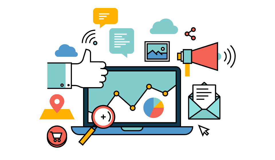 "Digital marketers analyzing 2025 online marketing trends with graphs on screen"