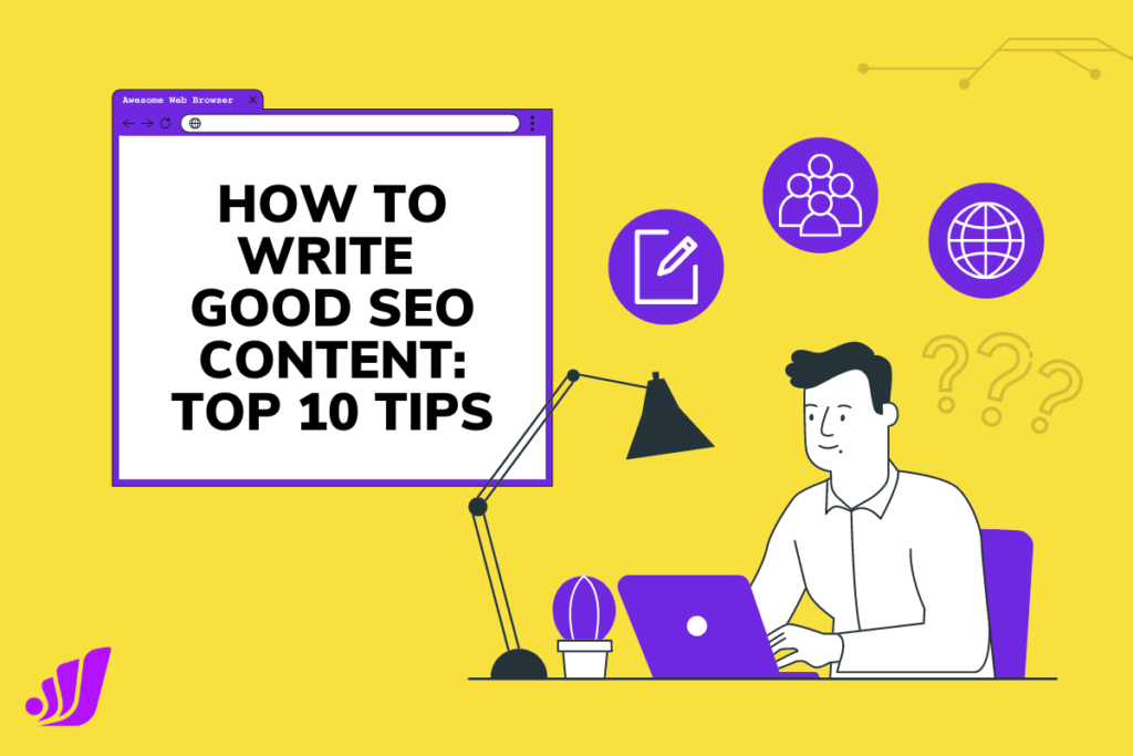 Illustration showing SEO tips for websites on a laptop screen